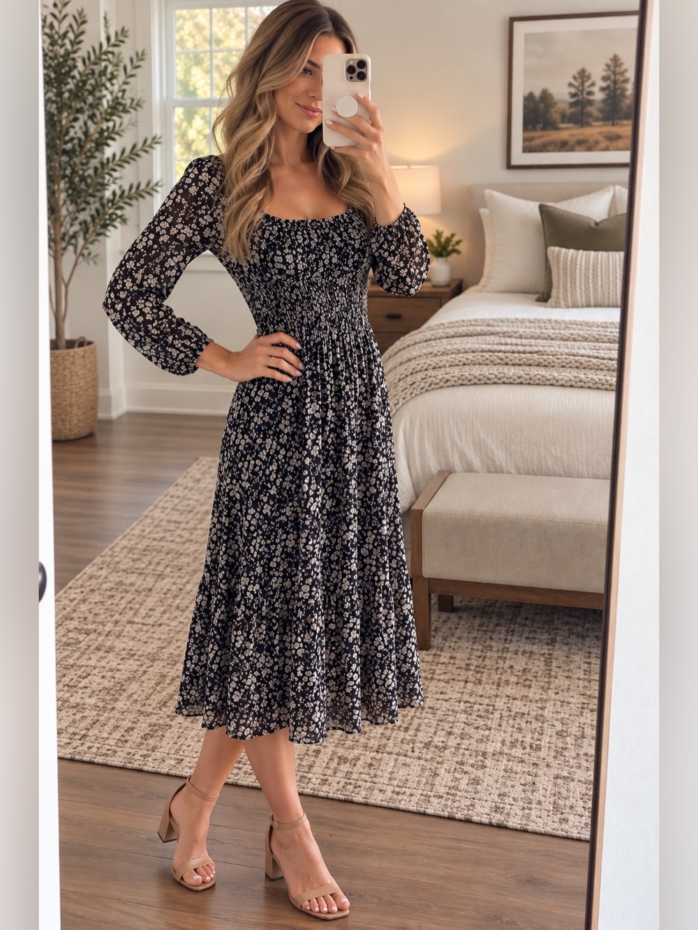 Smocked Square-Neck Floral Midi Dress in Black